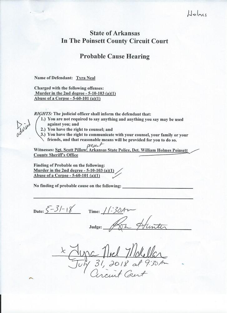 Probable Cause Hearing document for Tyra Neal
